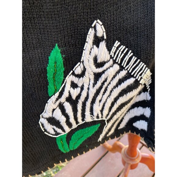 Safari Animal Embroidered Sweater Vest XL Black/Brown Cotton Blend Vintage Studi - Picture 3 of 11
